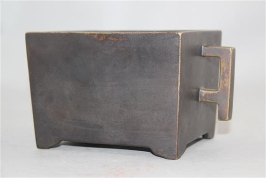 A Chinese bronze rectangular censer, Fang Ding, Xuande six character mark, 18cm across, 9cm